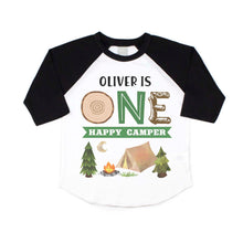Load image into Gallery viewer, One Happy Camper Camping Themed 1st Birthday Party Raglan Shirt for Boys