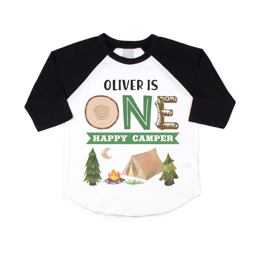 One Happy Camper Camping Themed 1st Birthday Party Raglan Shirt for Boys