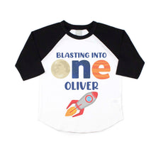 Load image into Gallery viewer, Blasting Into One Outer Space Themed 1st Birthday Party Raglan Shirt for Boys