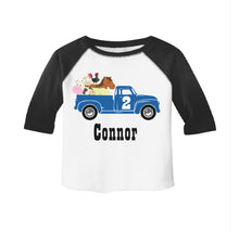 Load image into Gallery viewer, Blue Truck Farm Animals Themed Birthday Party Raglan Shirt for Boys