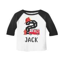 Load image into Gallery viewer, Fire Truck Fire Engine Themed Birthday Party Raglan Shirt for Boys