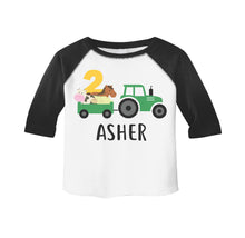 Load image into Gallery viewer, Green Tractor Farm Animals Themed Birthday Party Raglan Shirt for Boys