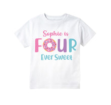 Load image into Gallery viewer, Donut 4th Birthday Party T-shirt Four Ever Sweet Theme for Girls