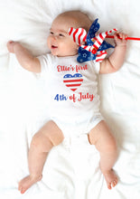 Load image into Gallery viewer, 1st 4th of July Outfit for Baby Girl - American Flag Heart Personalized Bodysuit