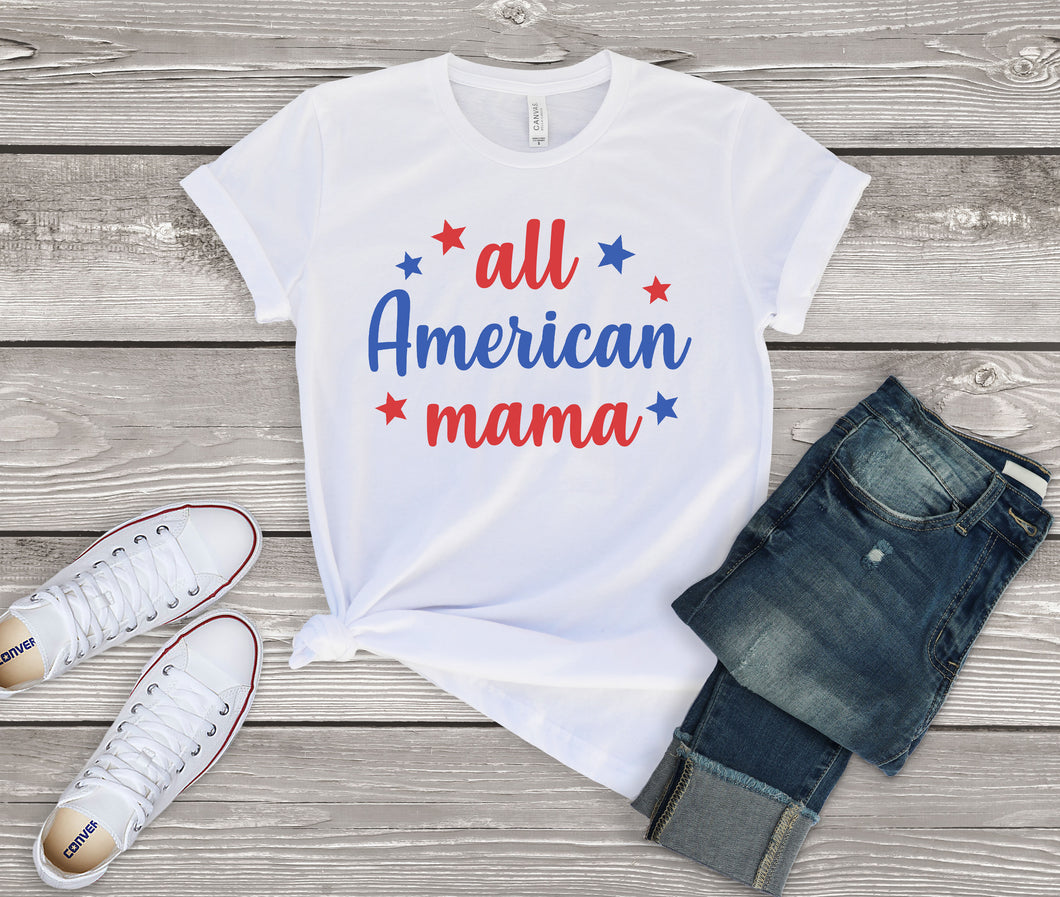 4th of July All American Mama Patriotic Red White and Blue Mom Shirt for Women