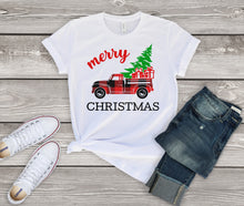 Load image into Gallery viewer, Merry Christmas Buffalo Plaid Red Truck Holiday Shirt for Women