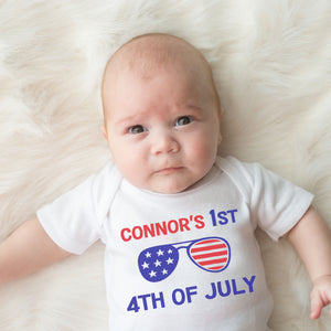1st 4th of July Outfit for Baby Boy - American Flag Patriotic Sunglasses Personalized Bodysuit