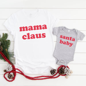 Set of 2 - Matching Mommy and Me Christmas Mama Claus and Santa Baby Shirt Set for Mom and Daughter or Son