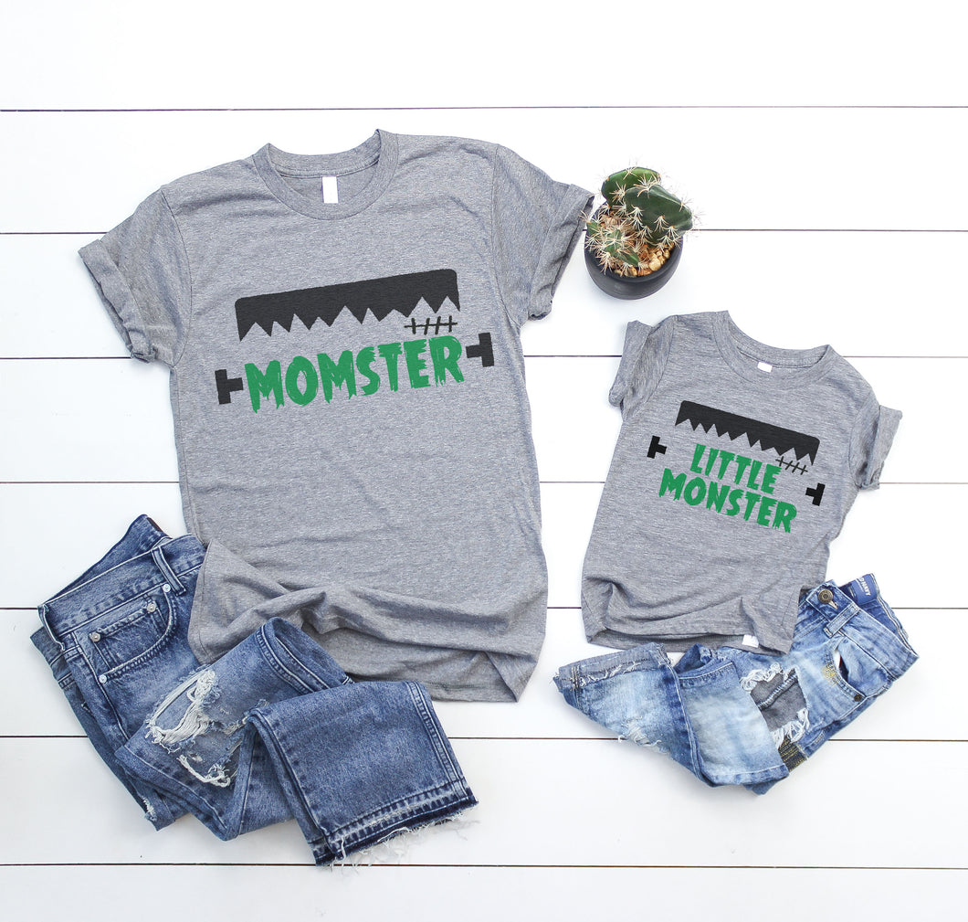 Set of 2 - Halloween Mommy and Me Momster and Little Monster Outfit Shirt Set - Gray