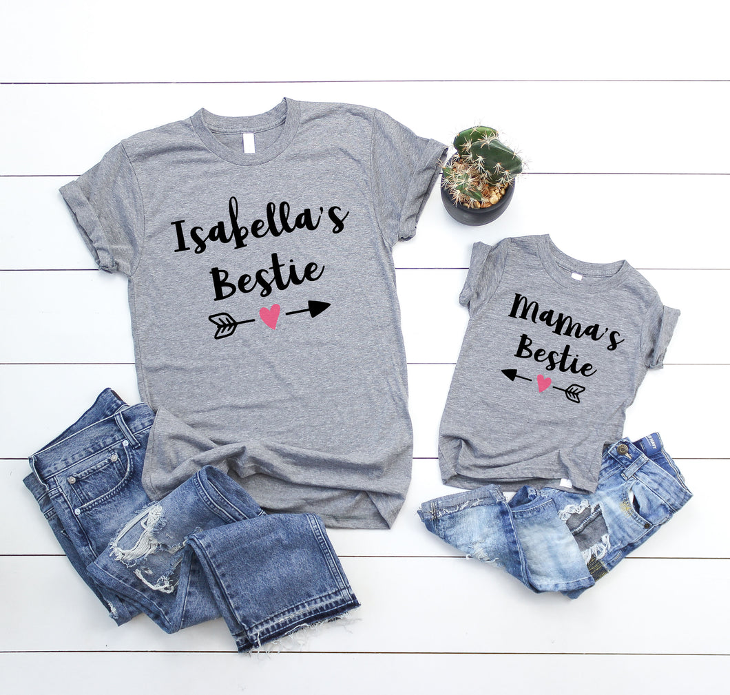 Set of 2 - Personalized Name Mama's Bestie Best Friend Matching Mommy and Me Outfit Shirt Set