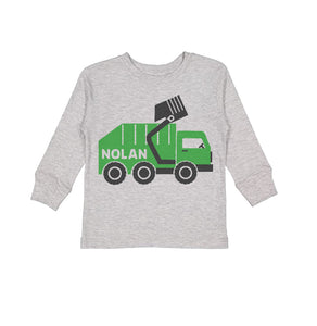 Garbage Truck Shirt, Trash Truck Personalized Long Sleeve Gray Shirt for Toddler Boys