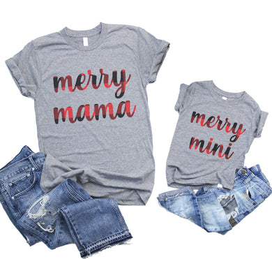 Set of 2 - Matching Mommy and Me Christmas Merry Mama and Merry Mini Shirt Set for Mom and Daughter or Son - Gray