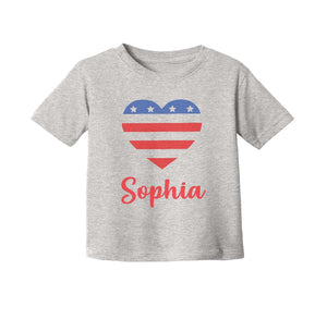4th of July American Flag Heart Personalized Shirt for Girls