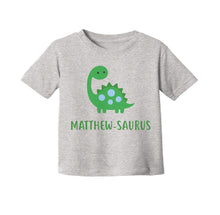 Load image into Gallery viewer, Baby Boy Dinosaur Personalized Shirt, Dinosaur Theme Baby Shower or Toddler Birthday Gift - Gray