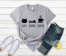 Load image into Gallery viewer, Cats Books Coffee Funny Cat Lover Gift Shirt