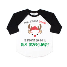 Load image into Gallery viewer, Christmas Big Brother Pregnancy Announcement Raglan Shirt for Boys, Reindeer Big Brother Announcement Shirt