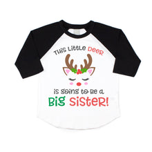 Load image into Gallery viewer, Christmas Big Sister Pregnancy Announcement Raglan Shirt for Girls, Reindeer Big Sister Announcement Shirt