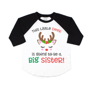 Christmas Big Sister Pregnancy Announcement Raglan Shirt for Girls, Reindeer Big Sister Announcement Shirt