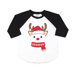 Toddler and Baby Boy Cute Christmas Reindeer Personalized Raglan Shirt