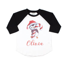 Load image into Gallery viewer, Christmas Shirt for Girls, Toddler and Baby Girl Cute Christmas Penguin Personalized Raglan