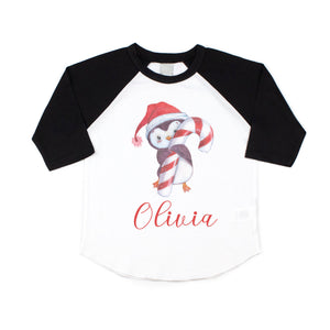 Christmas Shirt for Girls, Toddler and Baby Girl Cute Christmas Penguin Personalized Raglan