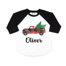 Load image into Gallery viewer, Boys Christmas Red Truck Personalized Raglan Shirt