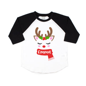 Toddler and Baby Girl Cute Christmas Reindeer Personalized Raglan Shirt