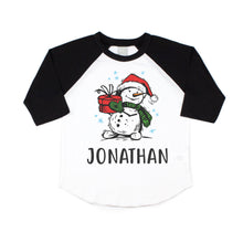 Load image into Gallery viewer, Boys Christmas Snowman Personalized Raglan Shirt