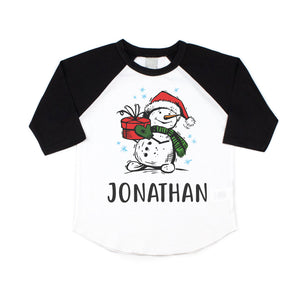 Boys Christmas Snowman Personalized Raglan Shirt