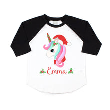 Load image into Gallery viewer, Christmas Shirt for Girls, Toddler and Baby Girl Cute Christmas Unicorn Personalized Raglan