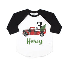 Load image into Gallery viewer, Christmas Birthday Buffalo Plaid Red Truck Personalized Raglan Shirt for Boys