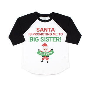 Christmas Big Sister Pregnancy Announcement Raglan Shirt for Girls, Santa Promotion Big Sister Custom Announcement Shirt