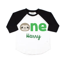 Load image into Gallery viewer, Sloth First Birthday Party Personalized Raglan Shirt For Baby Boy or Girl
