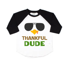 Load image into Gallery viewer, Thanksgiving Shirts for Boys - Thankful Dude Sunglasses Turkey Raglan Shirt for Baby and Toddler Boys