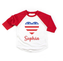 Load image into Gallery viewer, 4th of July American Flag Heart Personalized Raglan Shirt for Girls