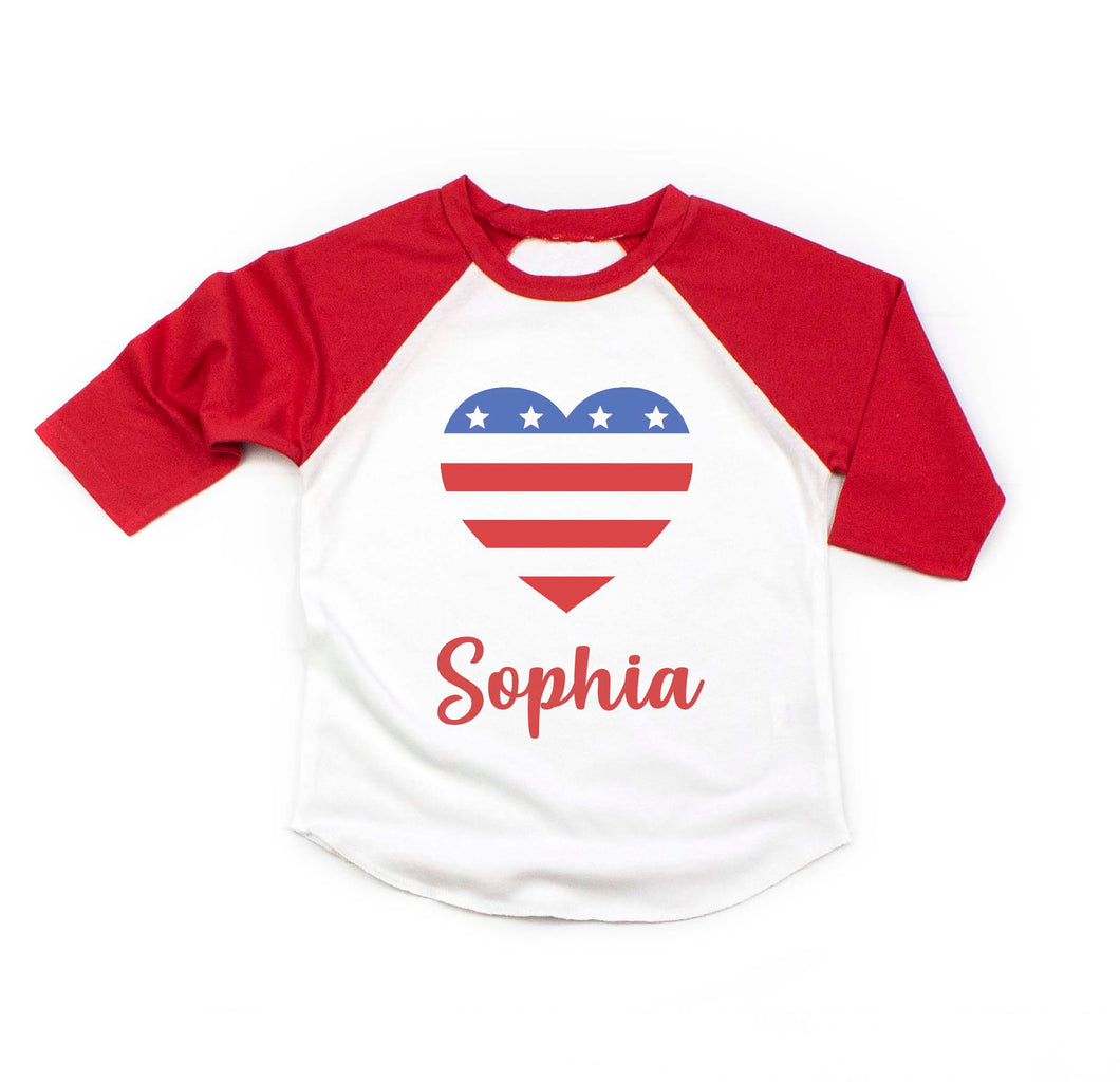 4th of July American Flag Heart Personalized Raglan Shirt for Girls