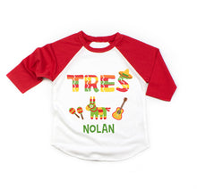 Load image into Gallery viewer, Mexican Fiesta Tres 3rd Birthday Party Personalized Raglan Shirt for Boys