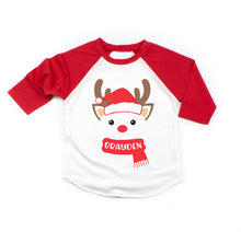 Load image into Gallery viewer, Toddler and Baby Boy Cute Christmas Reindeer Personalized Raglan Shirt