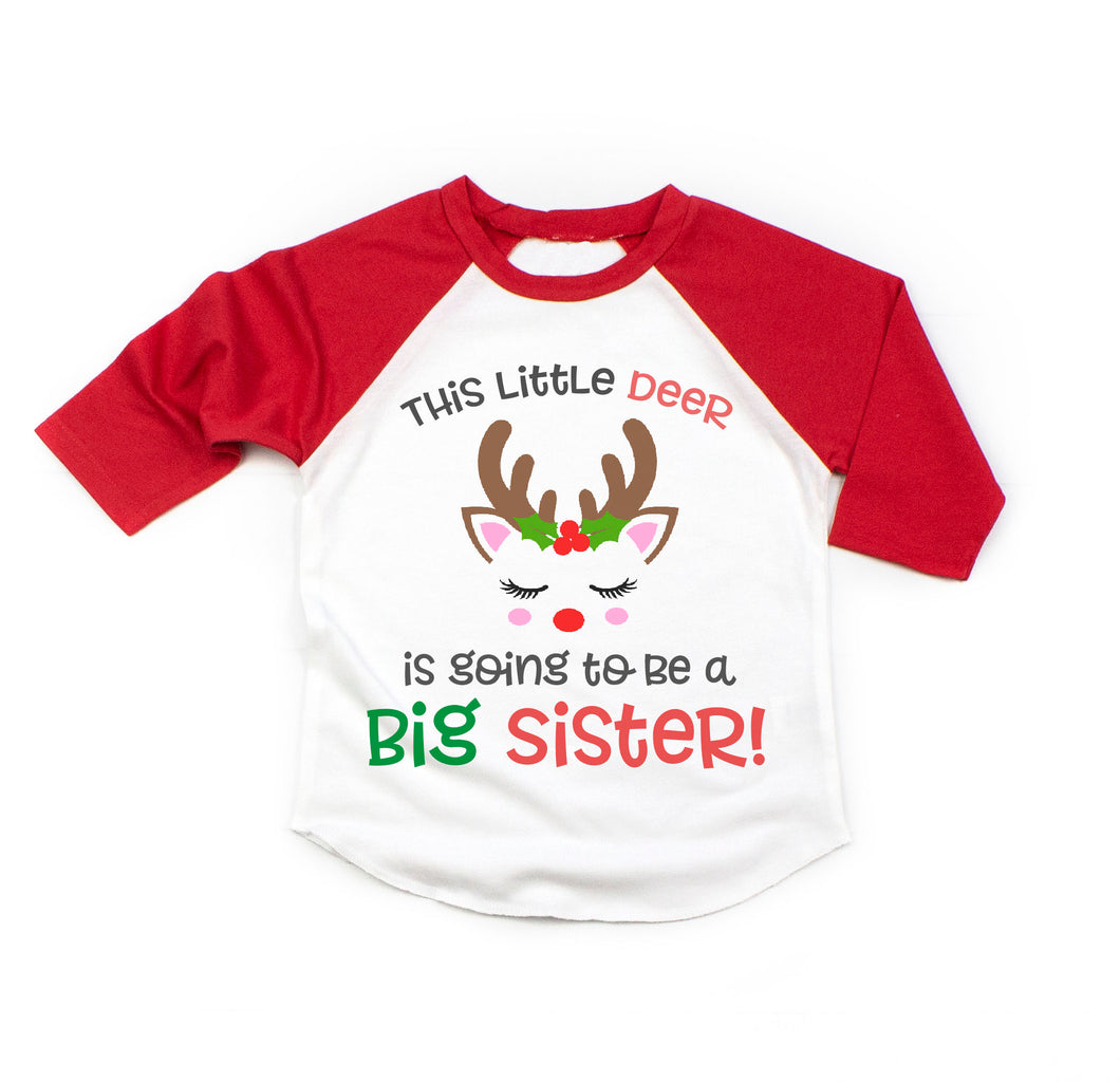 Christmas Big Sister Pregnancy Announcement Raglan Shirt for Girls, Reindeer Big Sister Announcement Shirt