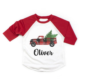 Boys Christmas Red Truck Personalized Raglan Shirt