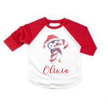 Load image into Gallery viewer, Christmas Shirt for Girls, Toddler and Baby Girl Cute Christmas Penguin Personalized Raglan