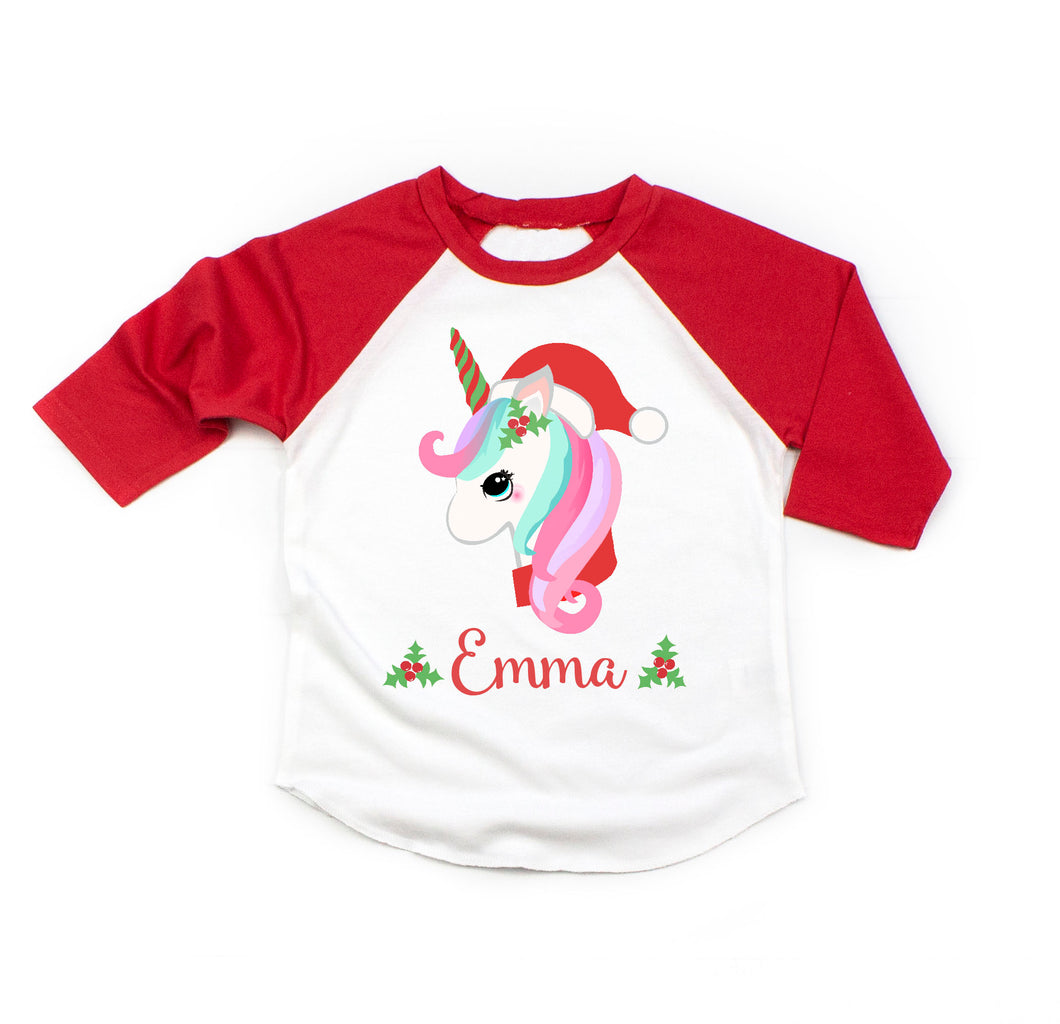 Christmas Shirt for Girls, Toddler and Baby Girl Cute Christmas Unicorn Personalized Raglan