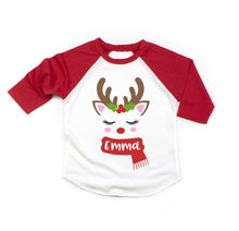 Load image into Gallery viewer, Toddler and Baby Girl Cute Christmas Reindeer Personalized Raglan Shirt