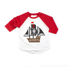 Load image into Gallery viewer, Pirate Ship Birthday Shirt for Toddler Boys - Personalized 3/4 Sleeve Raglan 