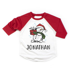 Boys Christmas Snowman Personalized Raglan Shirt