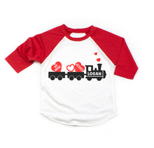 Load image into Gallery viewer, Toddler and Baby Boys Valentine&#39;s Day Love Train Personalized Raglan Shirt
