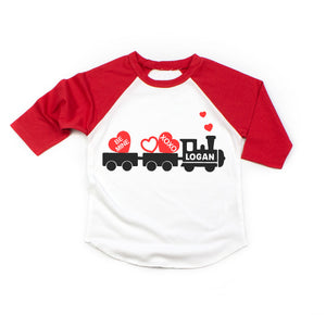 Toddler and Baby Boys Valentine's Day Love Train Personalized Raglan Shirt