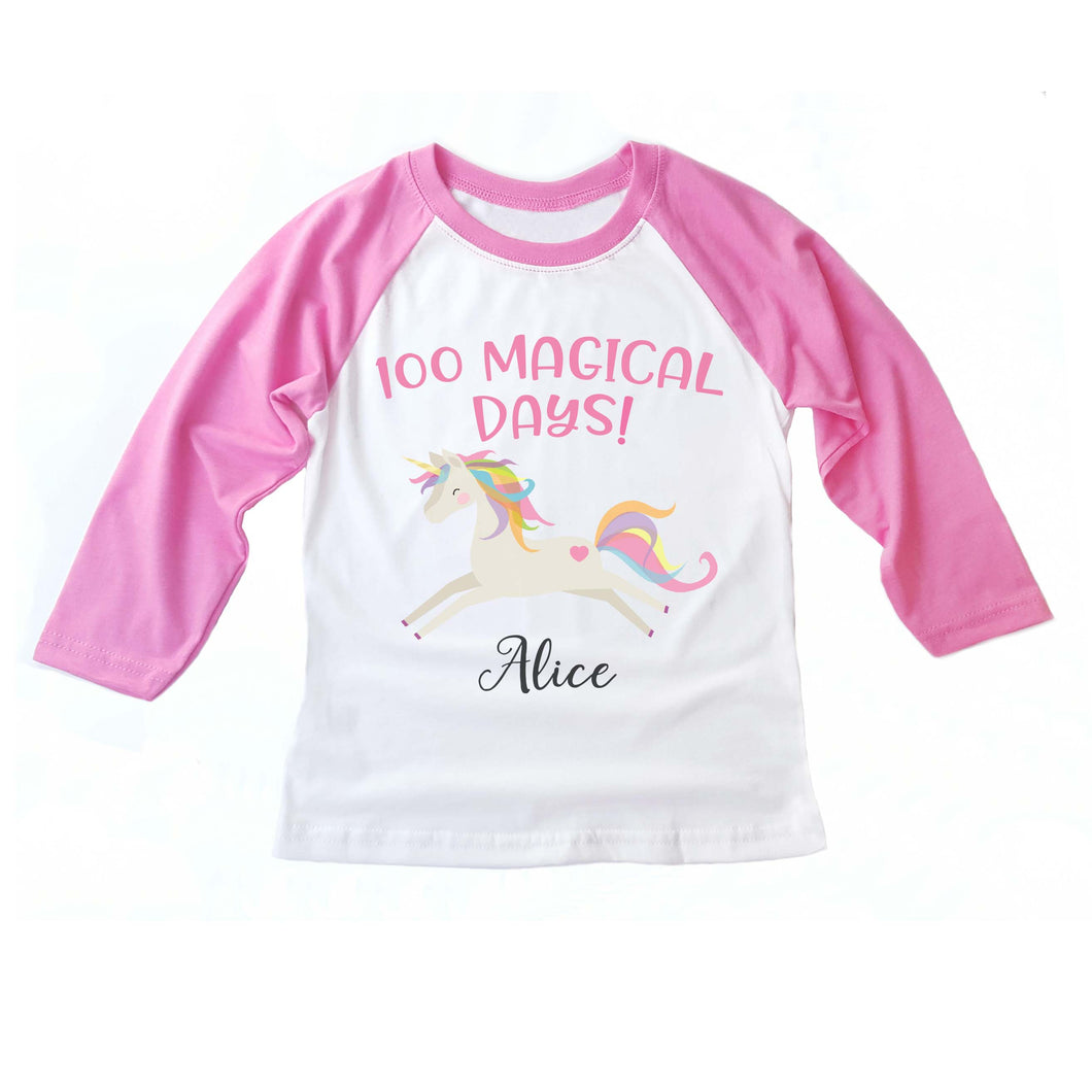 100th Day of School Personalized Unicorn Raglan Shirt for Girls
