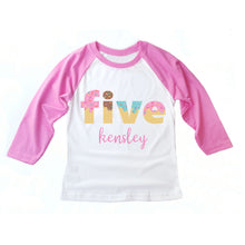 Load image into Gallery viewer, Donut Birthday Party Shirt for Girls 3/4 Pink Sleeve Raglan - Personalized custom four five six seven eight nine