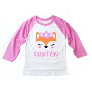 Fox Woodland Birthday Party Shirt for Girls 3/4 Pink Sleeve Raglan - Custom Age and Name